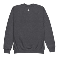 Cool youth unisex dark heather Gymplode crewneck sweatshirt with icon logo, back view