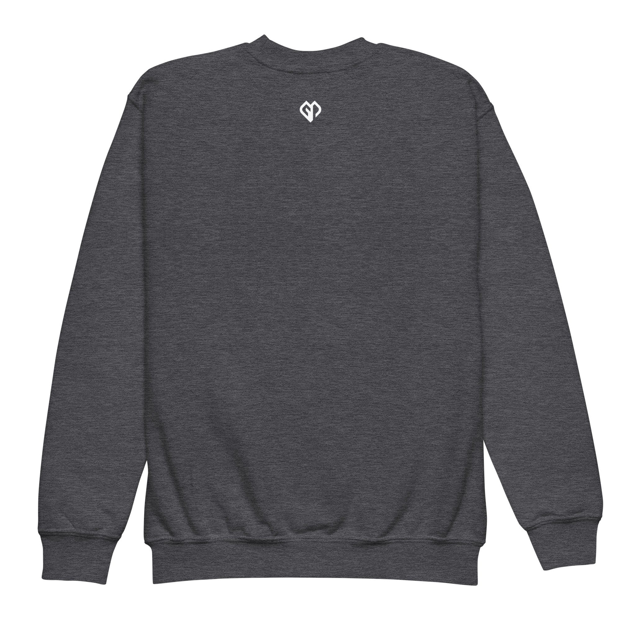 Cool youth unisex dark heather Gymplode crewneck sweatshirt with icon logo, back view