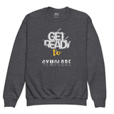 Cool youth unisex dark heather Gymplode crewneck sweatshirt with signature logo, front view