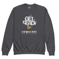 Cool youth unisex dark heather Gymplode crewneck sweatshirt with signature logo, front view