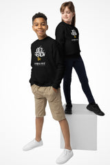 Cool youth unisex Gymplode crewneck sweatshirt with Get Ready To Gymplode imprint and signature logo, front view with model