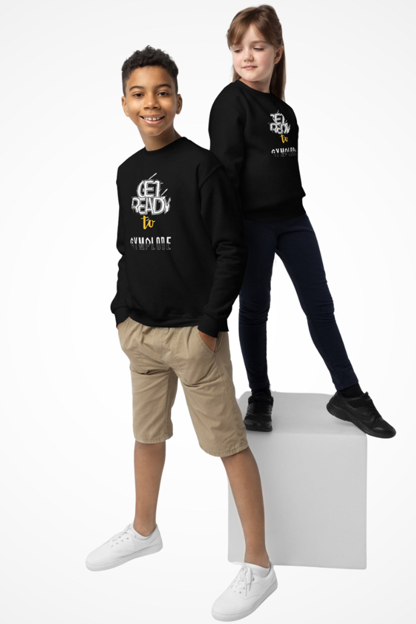 Cool youth unisex Gymplode crewneck sweatshirt with Get Ready To Gymplode imprint and signature logo, front view with model