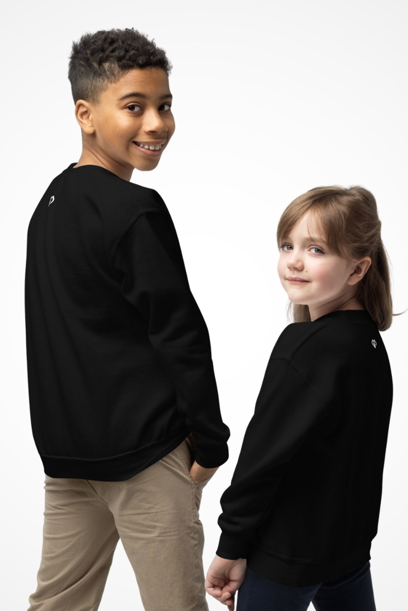 Cool youth unisex Gymplode crewneck sweatshirt with icon logo, back view with model