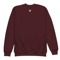 Cool youth unisex maroon Gymplode crewneck sweatshirt with icon logo, back view