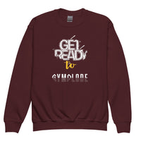 Cool youth unisex maroon Gymplode crewneck sweatshirt with signature logo, front view