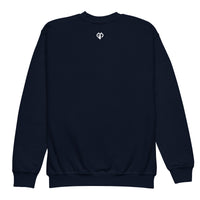 Cool youth unisex navy Gymplode crewneck sweatshirt with icon logo, back view
