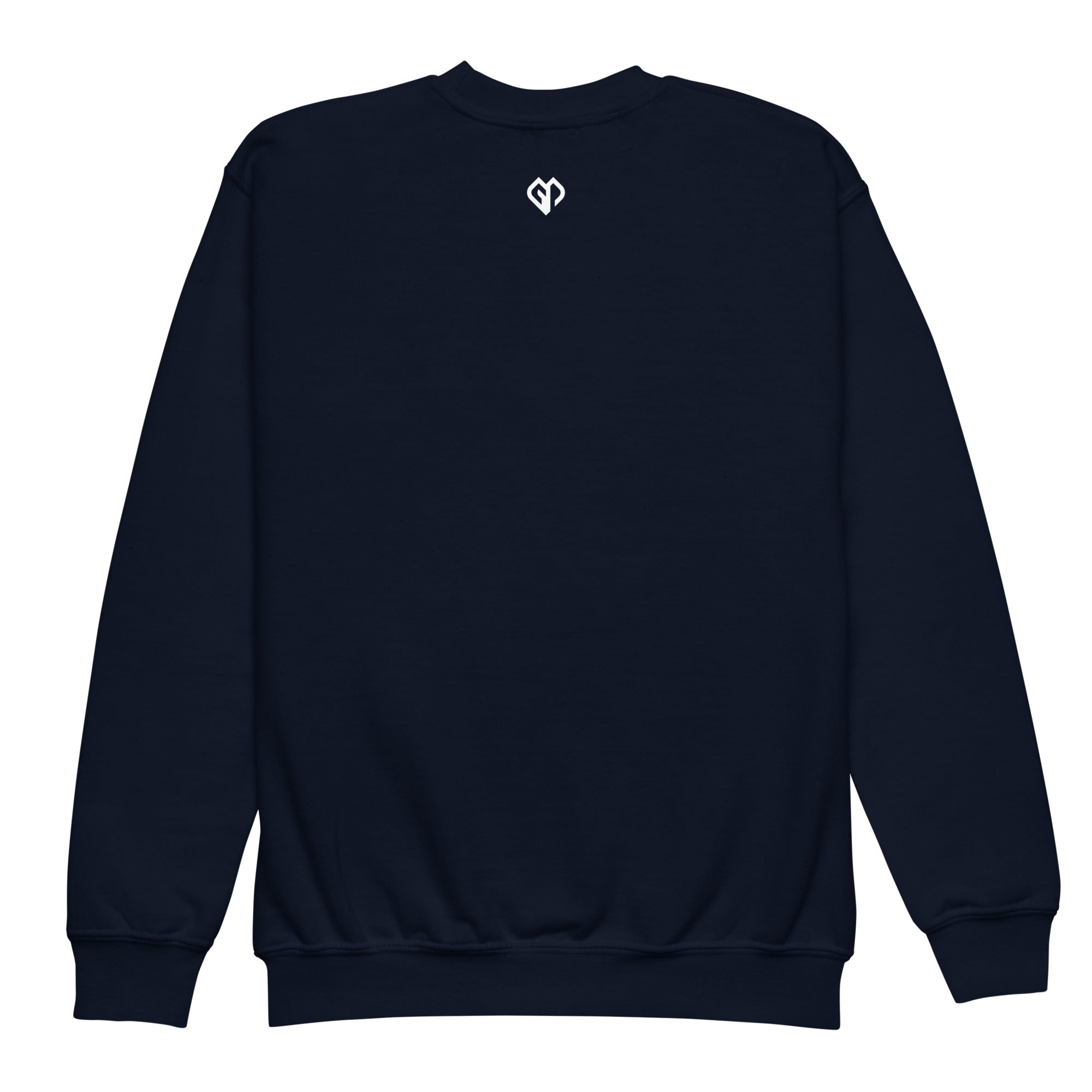 Cool youth unisex navy Gymplode crewneck sweatshirt with icon logo, back view