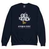 Cool youth unisex navy Gymplode crewneck sweatshirt with signature logo, front view