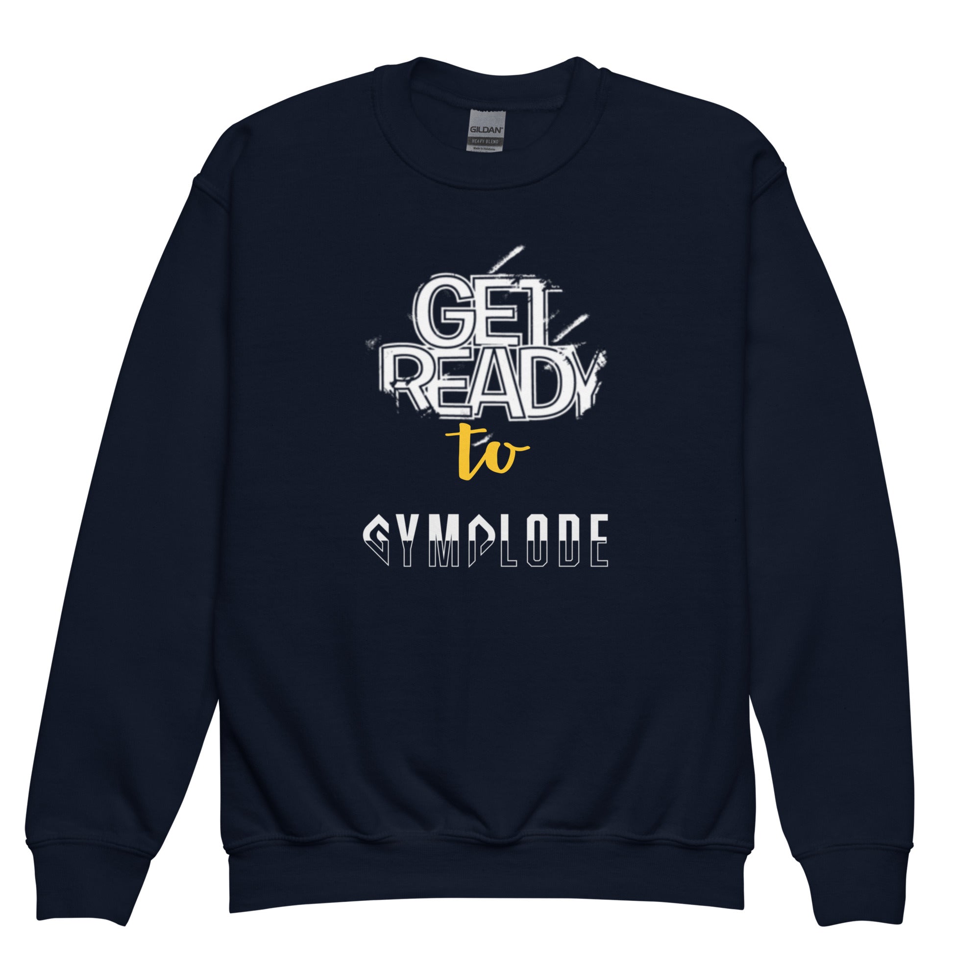 Cool youth unisex navy Gymplode crewneck sweatshirt with signature logo, front view