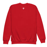 Cool youth unisex red Gymplode crewneck sweatshirt with icon logo, back view