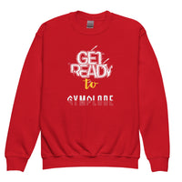 Cool youth unisex red Gymplode crewneck sweatshirt with signature logo, front view