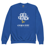 Cool youth unisex royal Gymplode crewneck sweatshirt with signature logo, front view