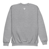 Cool youth unisex sport grey Gymplode crewneck sweatshirt with icon logo, back view