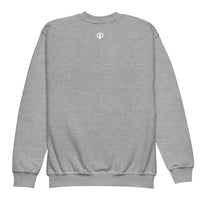Cool youth unisex sport grey Gymplode crewneck sweatshirt with icon logo, back view