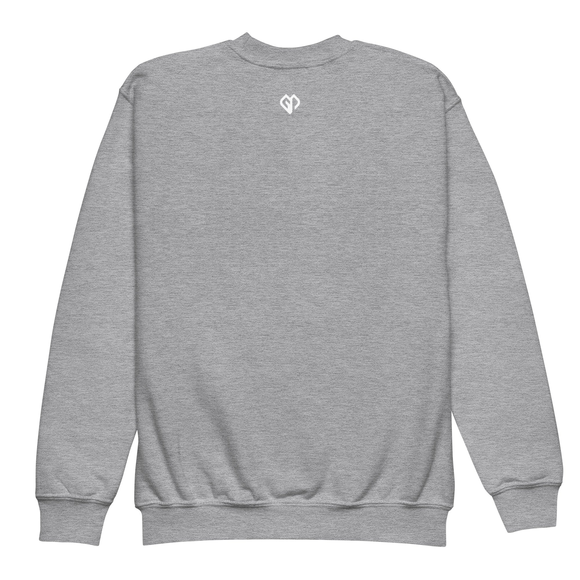Cool youth unisex sport grey Gymplode crewneck sweatshirt with icon logo, back view