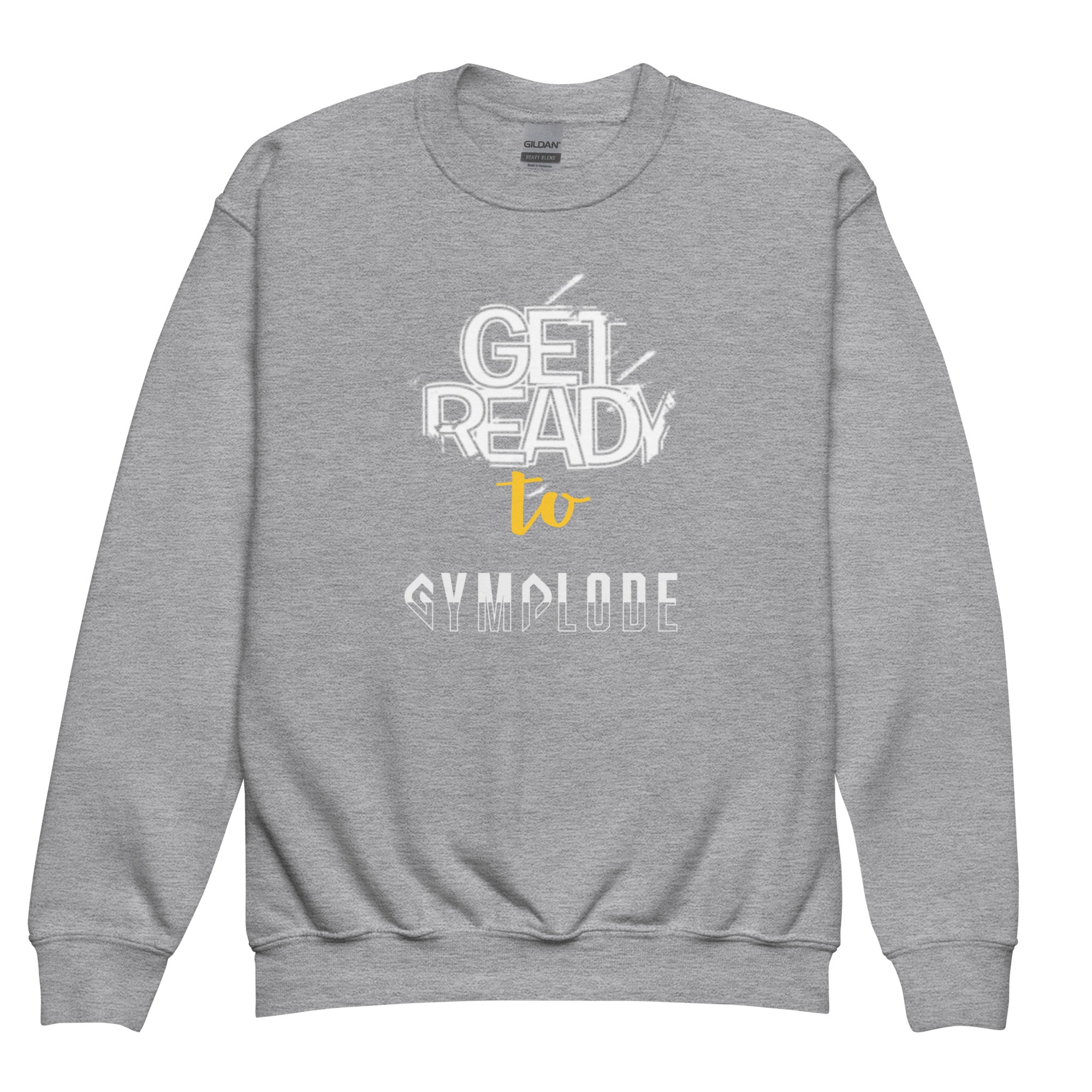 Cool youth unisex sport grey Gymplode crewneck sweatshirt with signature logo, front view