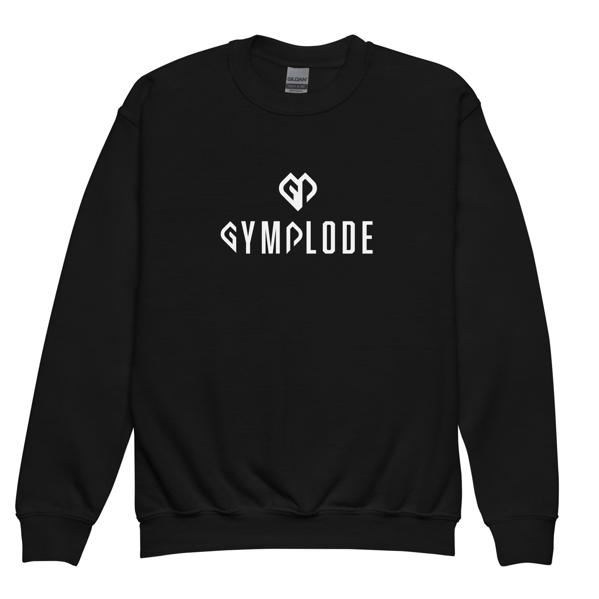Cozy youth unisex black Gymplode crewneck sweatshirt with dual mark imprint, front view