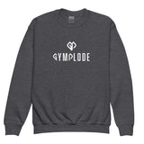 Cozy youth unisex dark heather Gymplode crewneck sweatshirt with dual mark imprint, front view