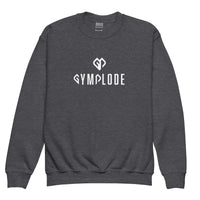 Cozy youth unisex dark heather Gymplode crewneck sweatshirt with dual mark imprint, front view