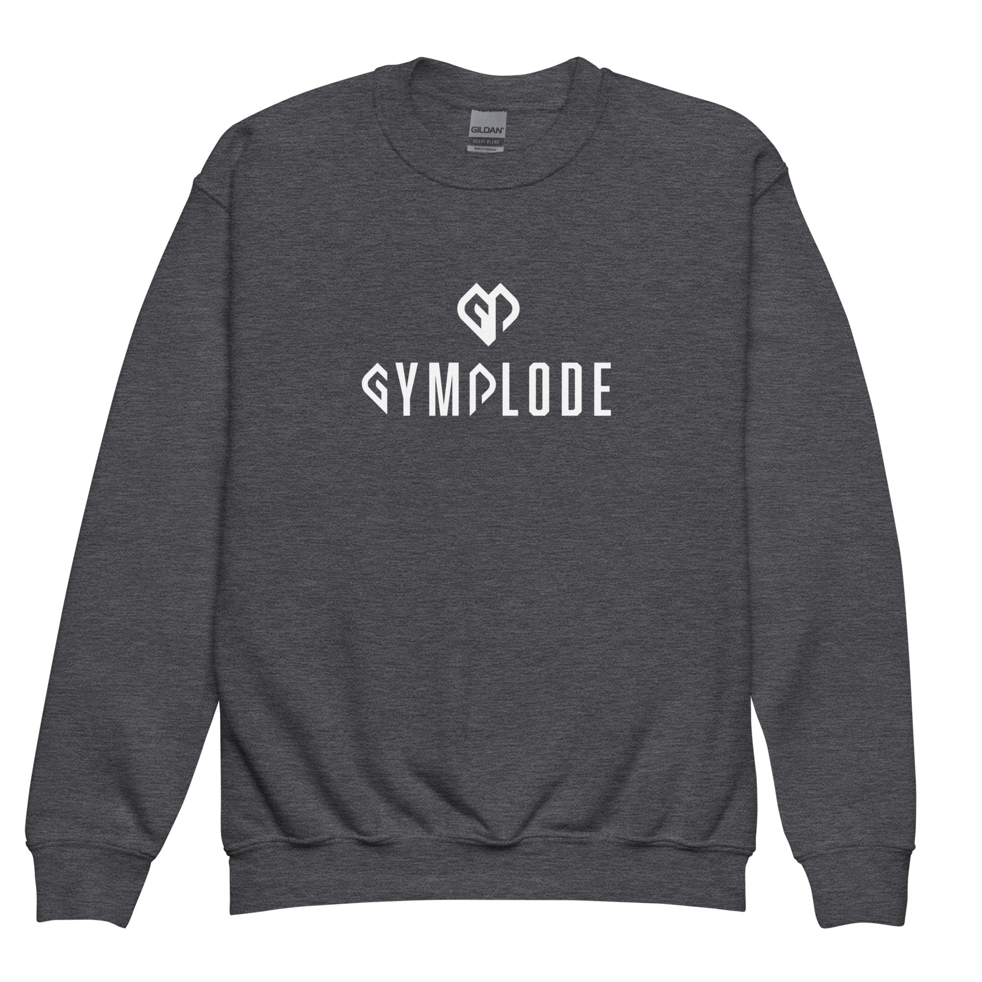 Cozy youth unisex dark heather Gymplode crewneck sweatshirt with dual mark imprint, front view