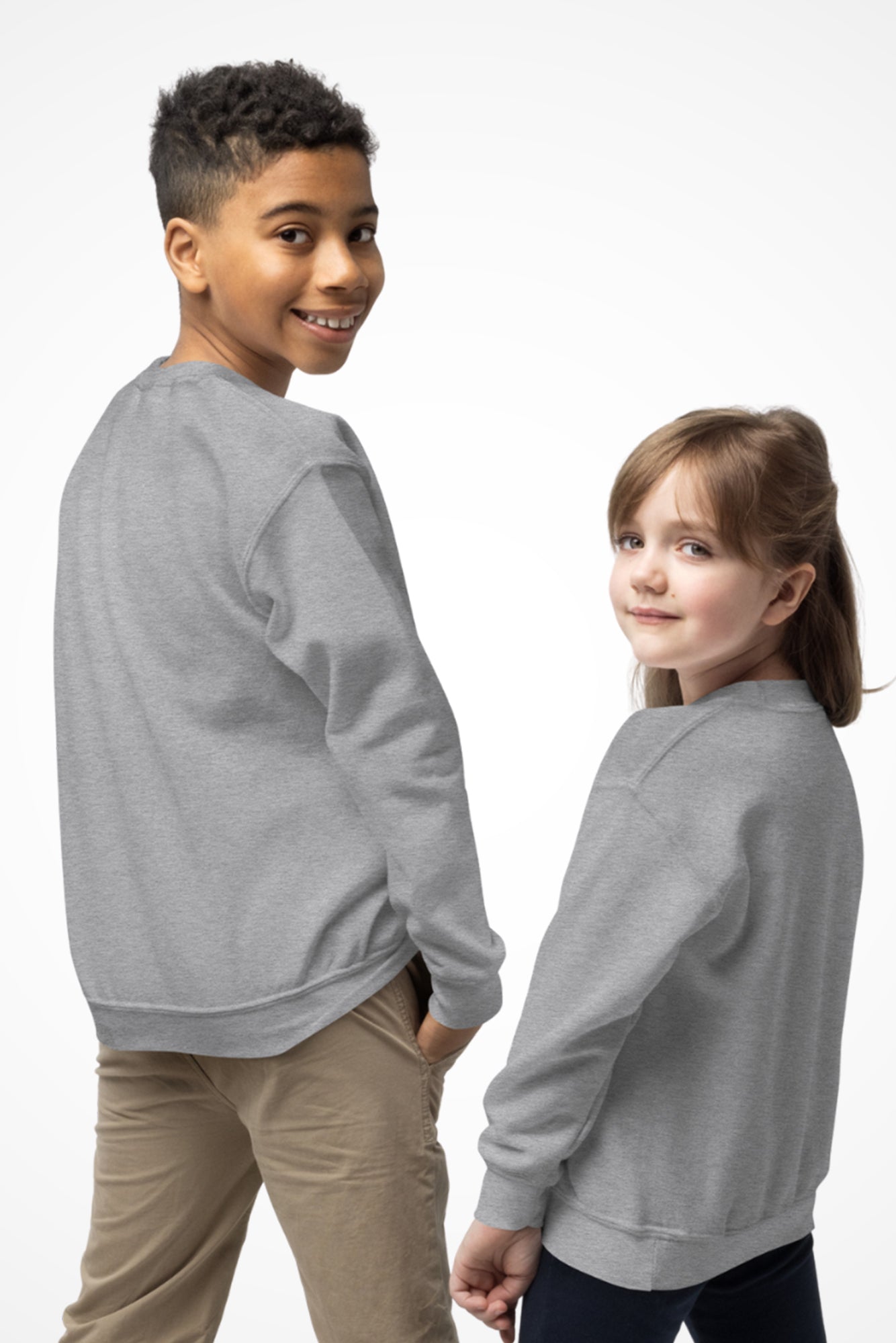 Cozy youth unisex Gymplode crewneck sweatshirt with no print, back view with model