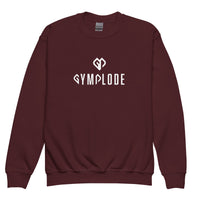 Cozy youth unisex maroon Gymplode crewneck sweatshirt with dual mark imprint, front view