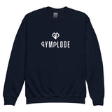 Cozy youth unisex navy Gymplode crewneck sweatshirt with dual mark imprint, front view