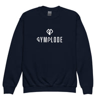 Cozy youth unisex navy Gymplode crewneck sweatshirt with dual mark imprint, front view