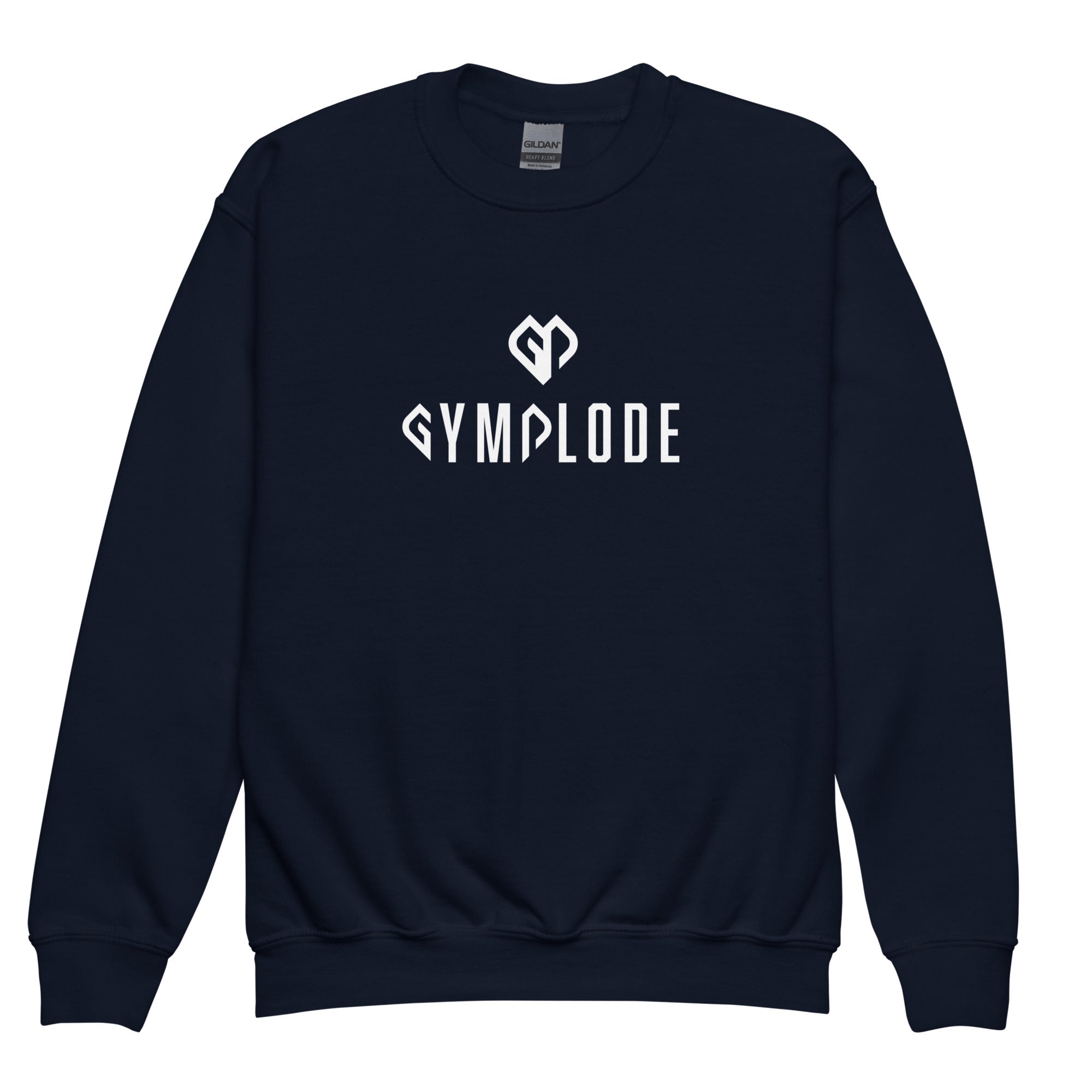 Cozy youth unisex navy Gymplode crewneck sweatshirt with dual mark imprint, front view