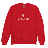 Cozy youth unisex red Gymplode crewneck sweatshirt with dual mark imprint, front view