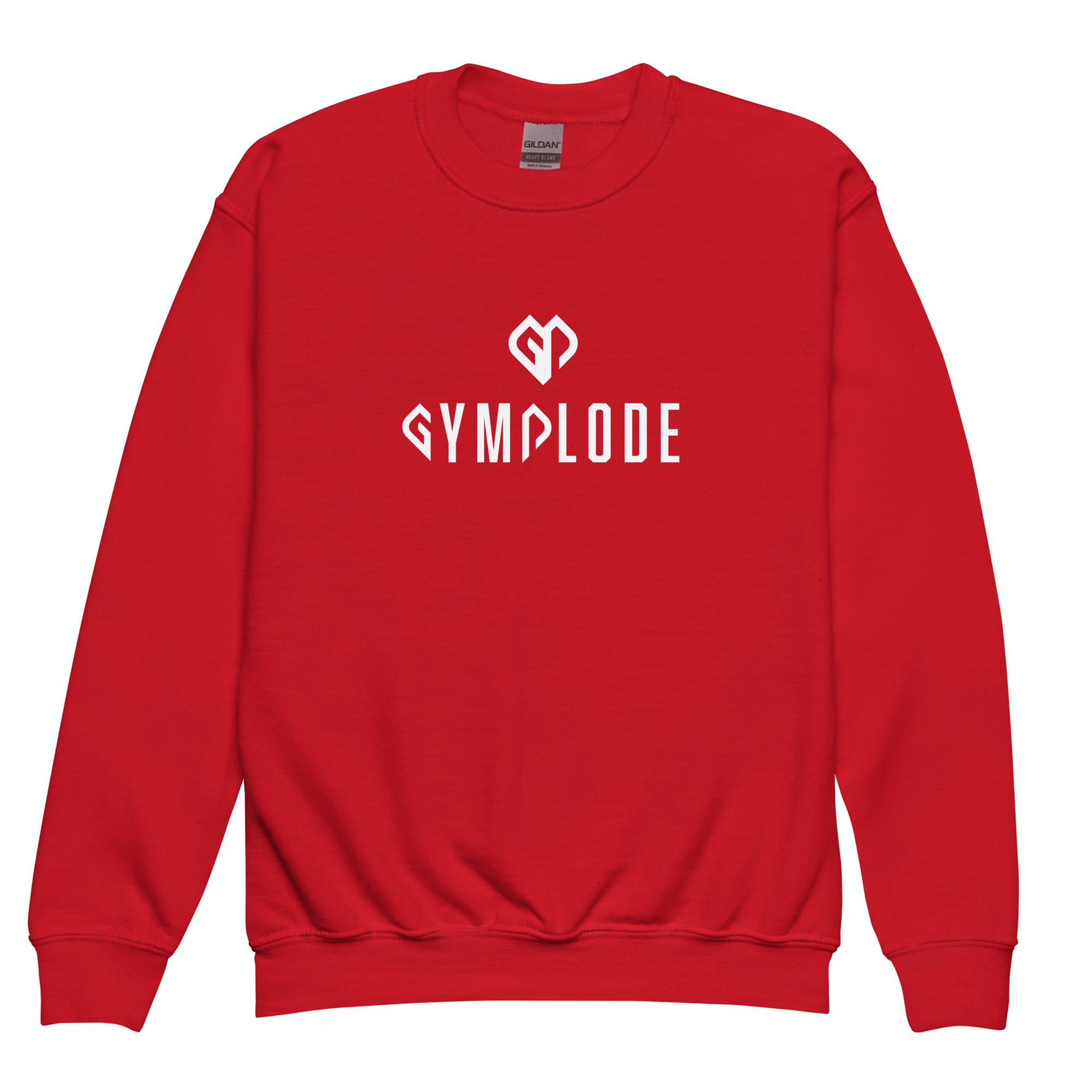 Cozy youth unisex red Gymplode crewneck sweatshirt with dual mark imprint, front view
