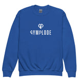 Cozy youth unisex royal Gymplode crewneck sweatshirt with dual mark imprint, front view