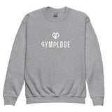 Cozy youth unisex sport grey Gymplode crewneck sweatshirt with dual mark imprint, front view