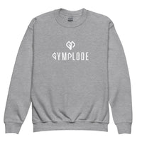 Cozy youth unisex sport grey Gymplode crewneck sweatshirt with dual mark imprint, front view