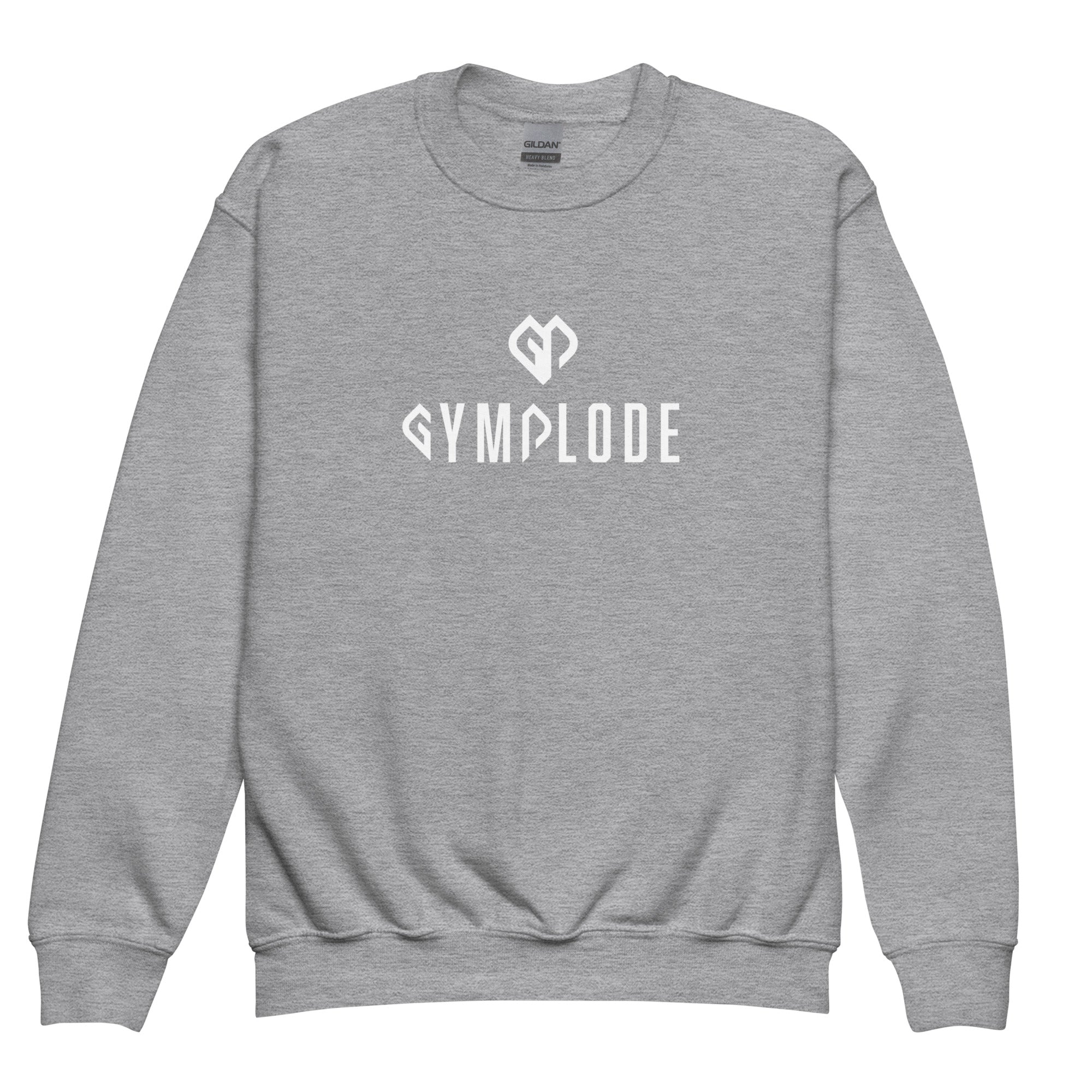 Cozy youth unisex sport grey Gymplode crewneck sweatshirt with dual mark imprint, front view