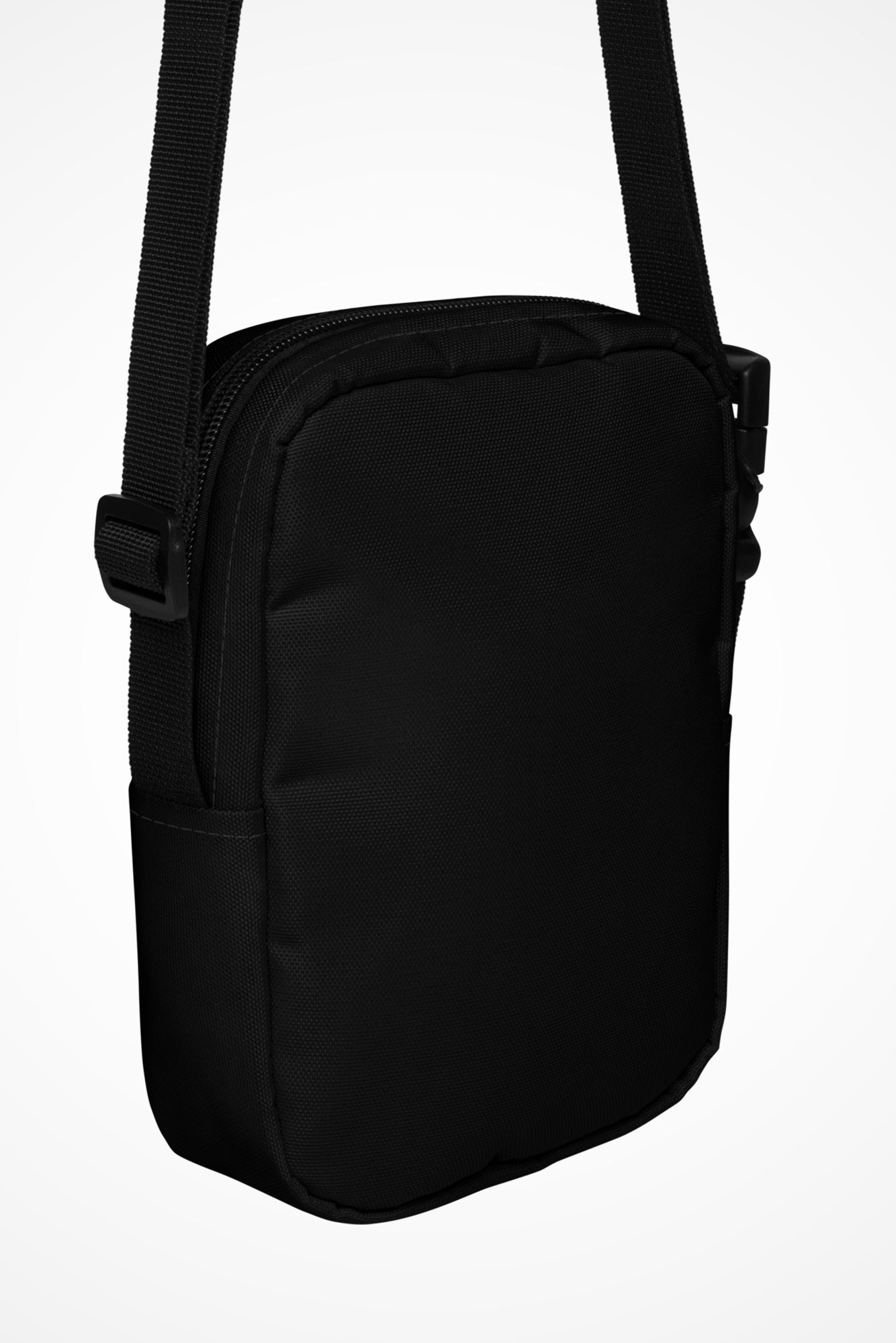 Deep black Gymplode slingback utility bag with no print, back view