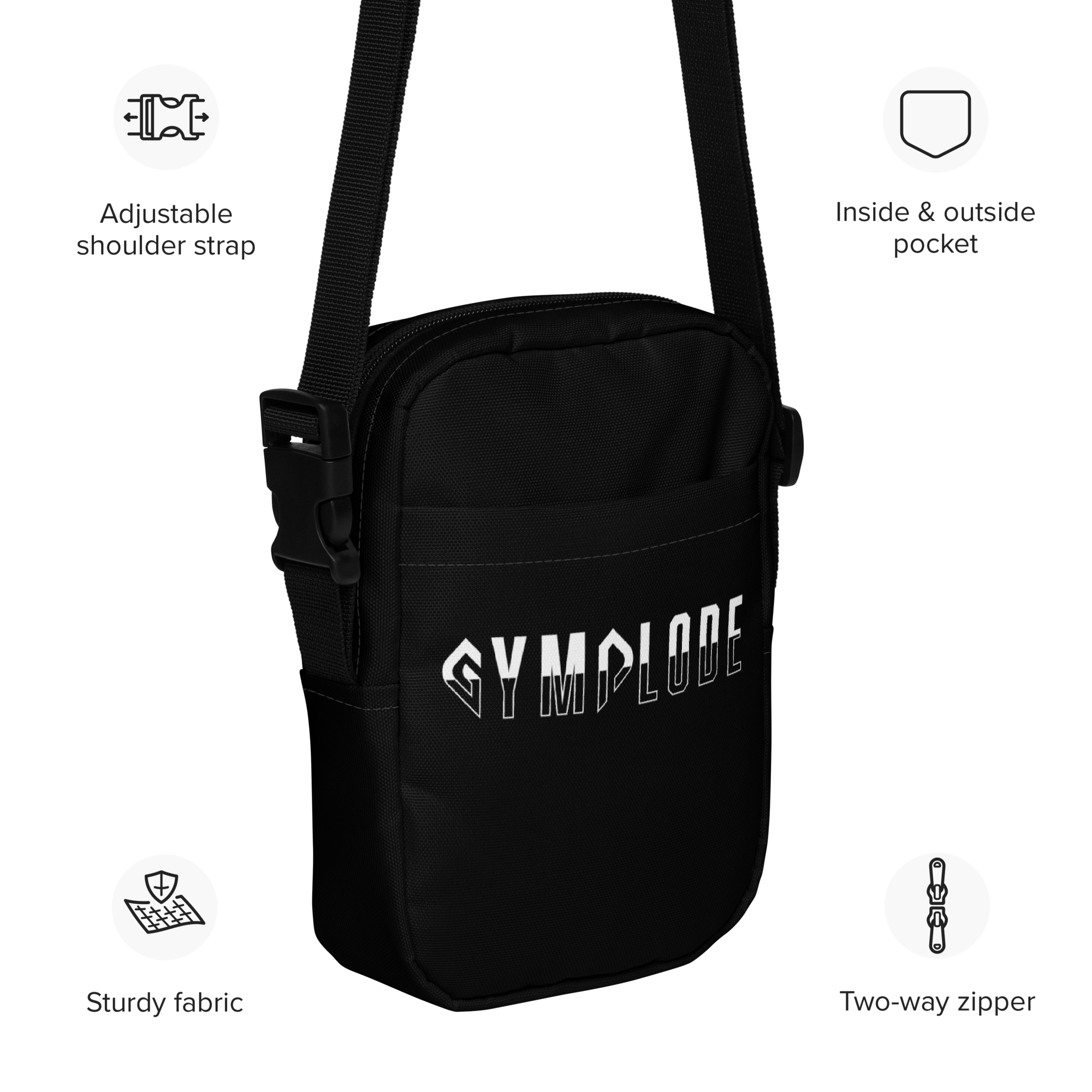 Deep black Gymplode slingback utility bag key features
