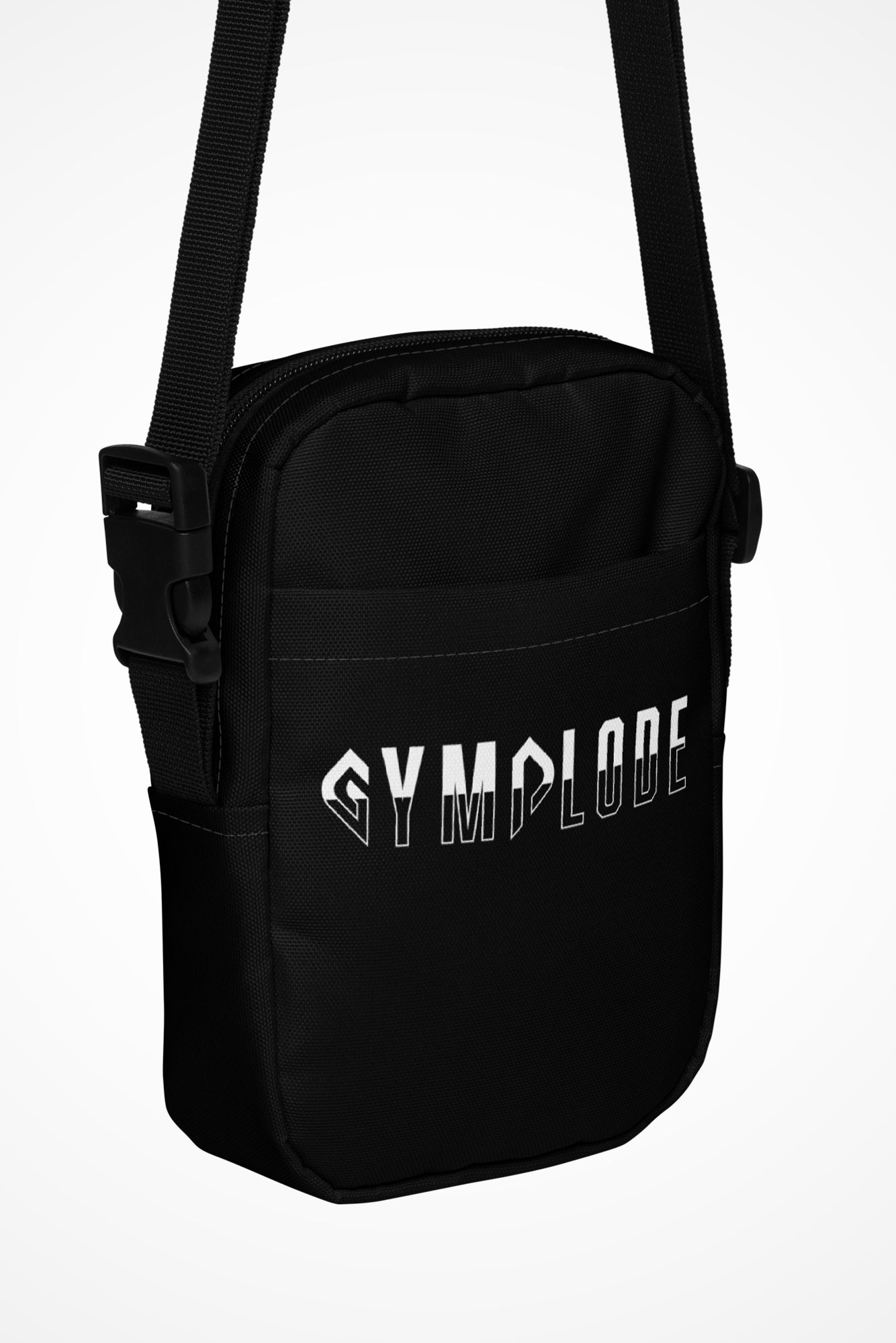 Deep black Gymplode slingback utility bag with signature logo, front view