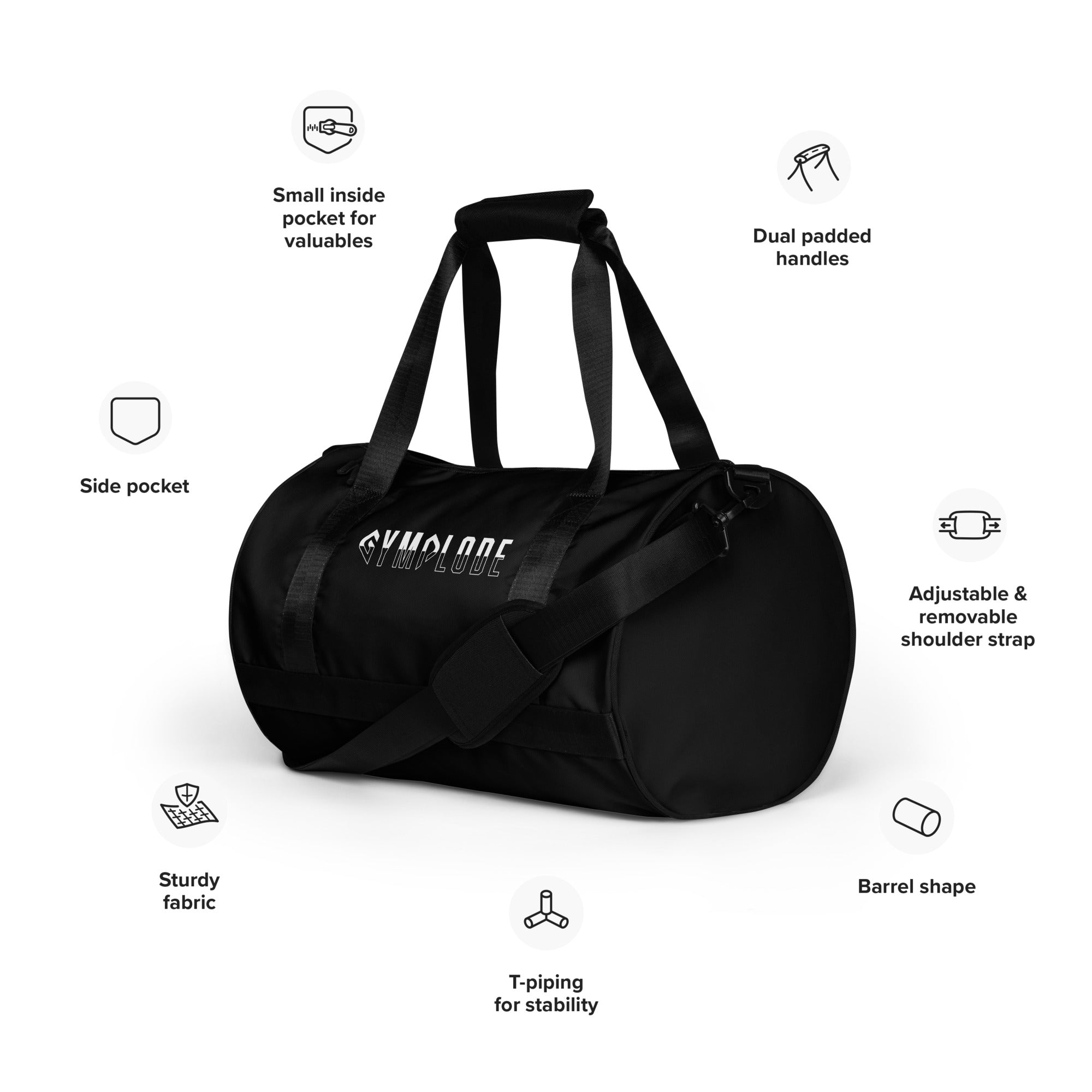 Deep black rounded end Gymplode duffle bag key features