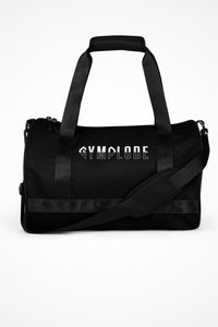Deep black rounded end Gymplode duffle bag with signature logo, front view