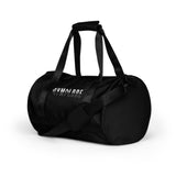 Deep black rounded end Gymplode duffle bag with signature logo, left front view