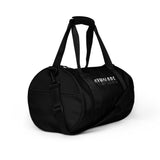 Deep black rounded end Gymplode duffle bag with signature logo, right front view