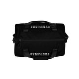 Deep black rounded end Gymplode duffle bag with signature logo on both sides, top view