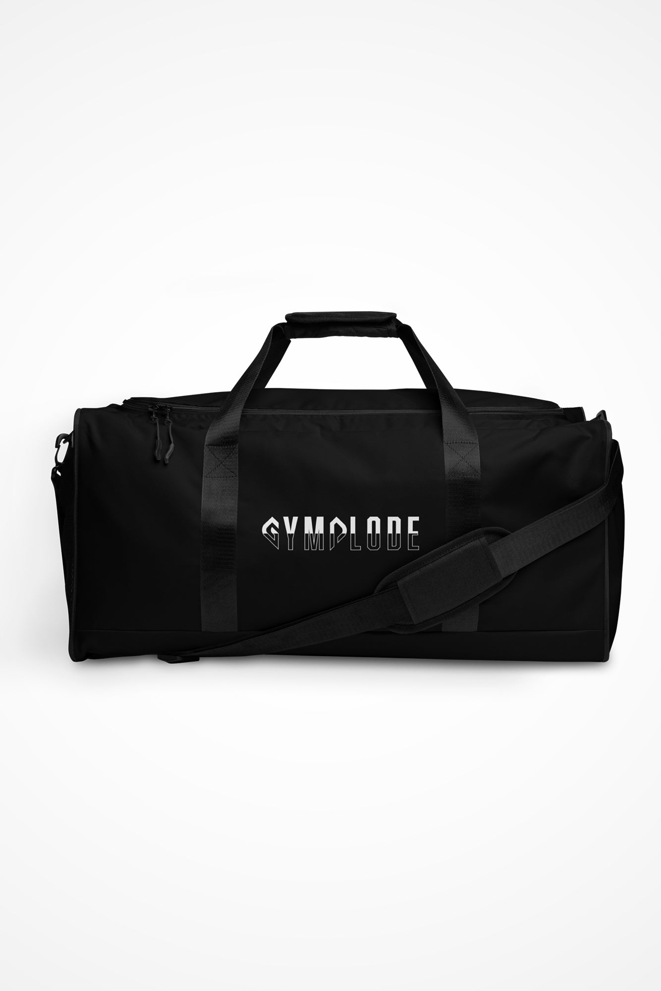 Deep black square end Gymplode duffle bag with signature logo, front view