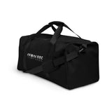 Deep black square end Gymplode duffle bag with signature logo, left front view