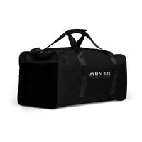 Deep black square end Gymplode duffle bag with signature logo, right front view