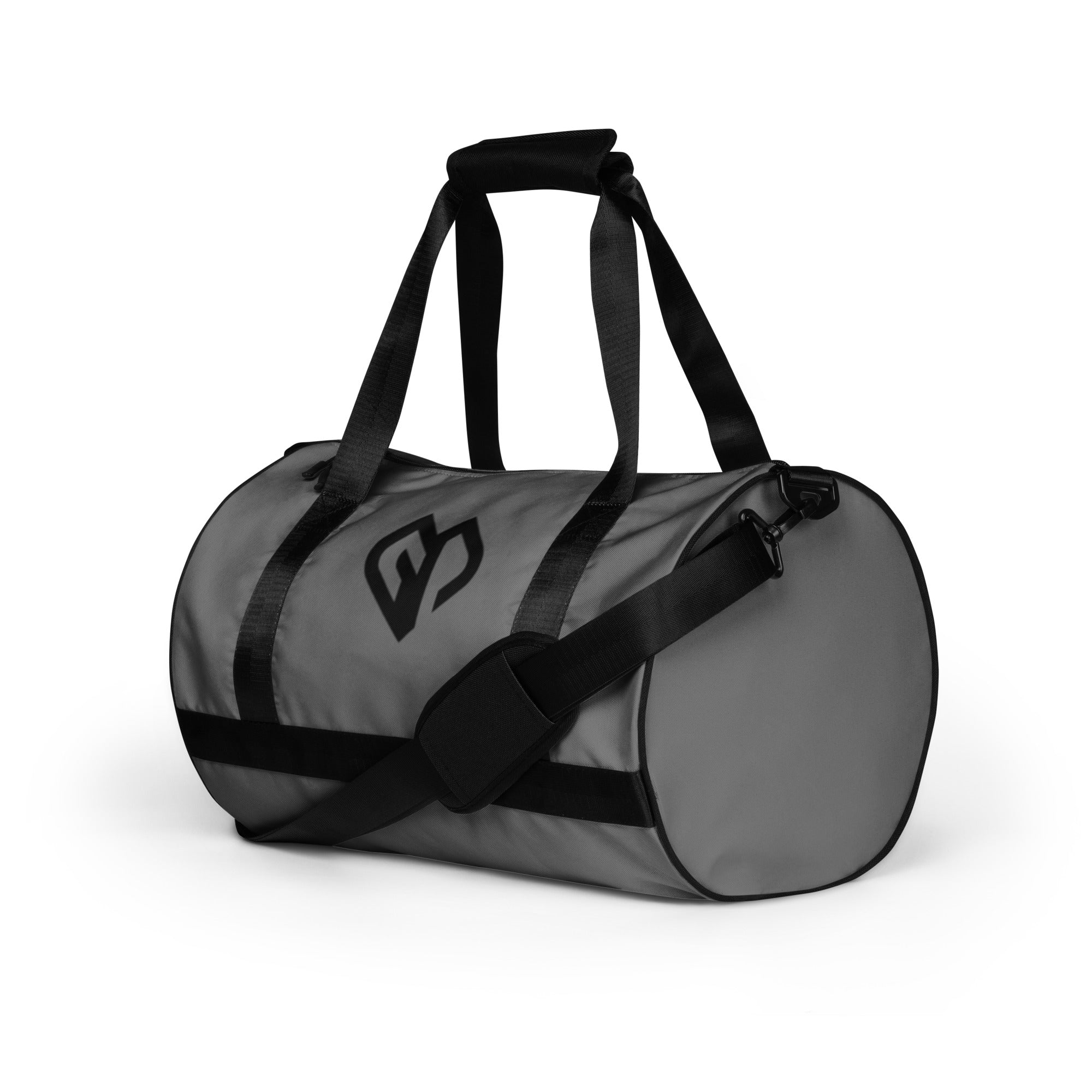 Dusky grey rounded end Gymplode duffle bag with icon logo, left front view