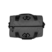 Dusky grey rounded end Gymplode duffle bag with icon logo on both sides, top view