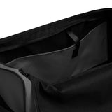 Dusky grey square end Gymplode duffle bag with no print, inside pocket view