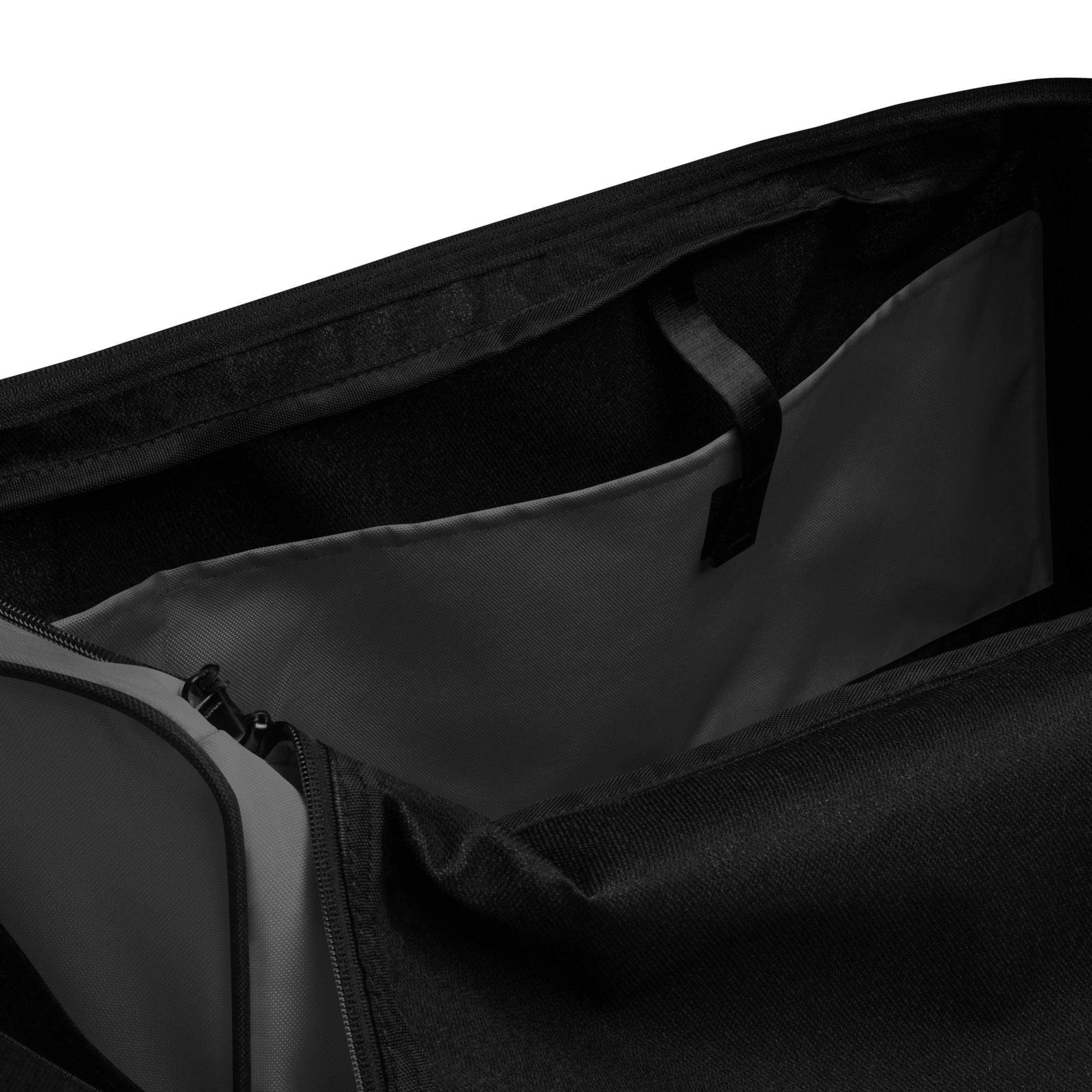 Dusky grey square end Gymplode duffle bag with no print, inside pocket view
